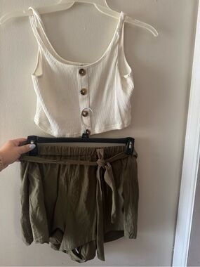 High-Waist Paperbag Tie-Front Shorts in Olive Green and top